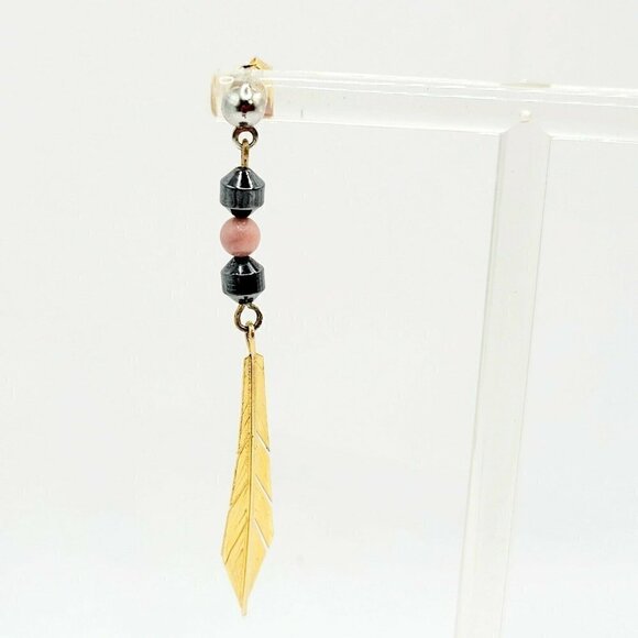 Artisan Native American Style Earrings Gold Tone Hematite Golden Feather 2..25" - Picture 4 of 6